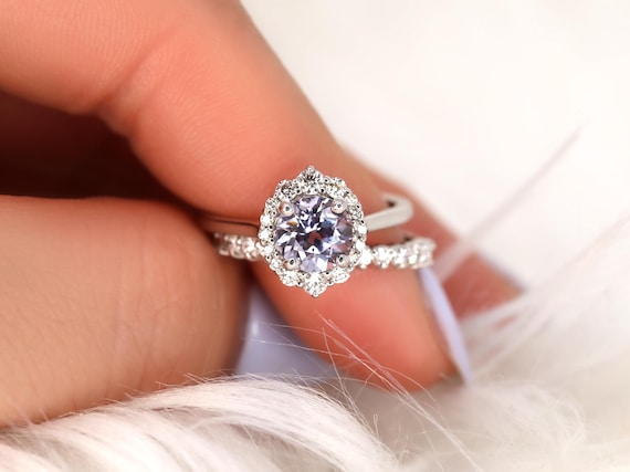 1.39ct Ready to Ship Eluma 14kt White Gold Lavender Silver Spinel Diamond Shield Halo Bridal Set,Unique Halo Wedding Ring,Anniversary Ring