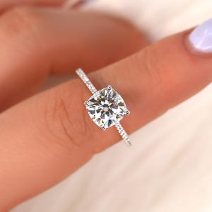 2.40ct Marcelle 8mm 14kt Moissanite Diamonds Dainty Cushion Engagement Ring,Cushion Solitaire with Accents,Cushion Cut Ring,Moissanite Ring
