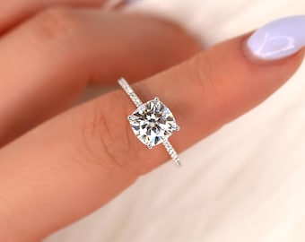 2.40ct Marcelle 8mm 14kt Moissanite Diamonds Dainty Cushion Engagement Ring,Cushion Solitaire with Accents,Cushion Cut Ring,Moissanite Ring