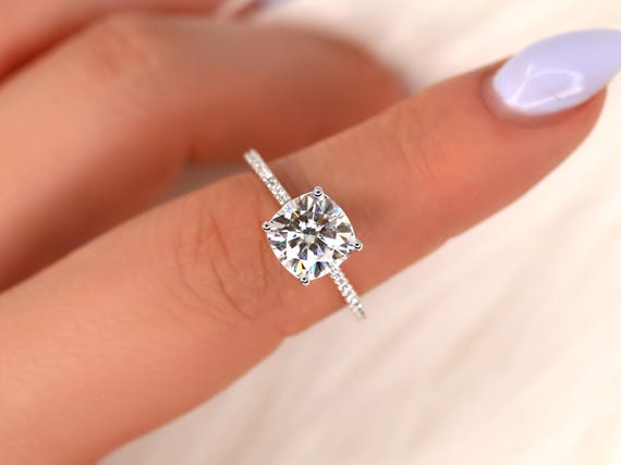 2.40ct Marcelle 8mm 14kt Moissanite Diamonds Dainty Cushion Engagement Ring,Cushion Solitaire with Accents,Cushion Cut Ring,Moissanite Ring