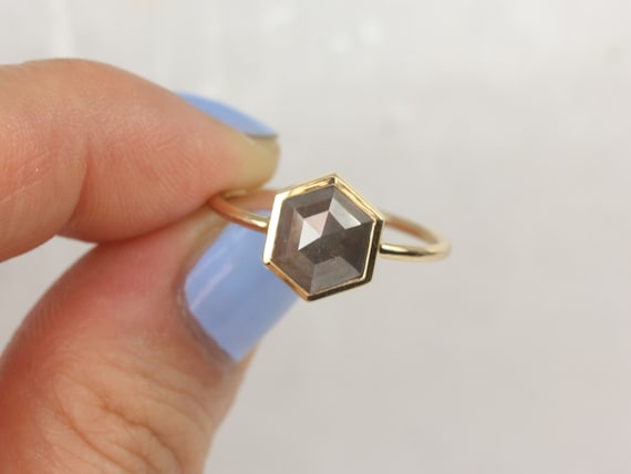 Petra 14kt Solid Gold Rose Cut Hexagon Rustic Salt Pepper Dainty Geometric Diamond Ring