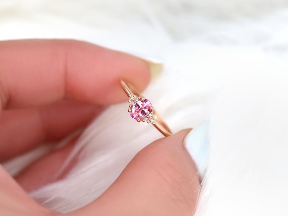 Ready to Ship Juniper 6x4mm 14kt Rose Gold Sapphire Diamond Oval Cluster Ring,Pink Sapphire Ring,Pink Engagement Ring,September Birthstone