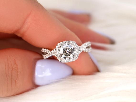 1.20ct Josephine 7mm 14kt Moissanite Diamond Crossover Cushion Halo Ring,Overlapping Halo Ring,Criss Cross Ring,Unique Halo Ring,Anniversary