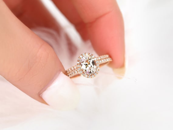 1.31ct Ready to Ship Federella 14kt Rose Gold Peach Champagne Sapphire Diamonds Oval Halo Bridal Set,Oval Halo Ring,Anniversary Gift