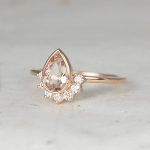 Oana 8x5mm 14kt Gold Morganite Diamonds Bezel Crescent Sunrays Half Pear Halo Unique Engagement Ring image 1