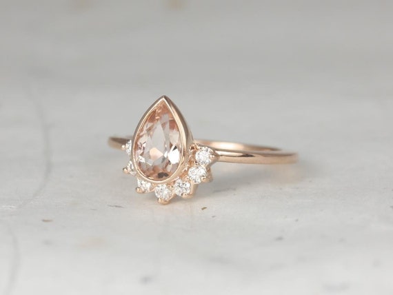 Oana 8x5mm 14kt Gold Morganite Diamonds Bezel Crescent Sunrays Half Pear Halo Unique Engagement Ring