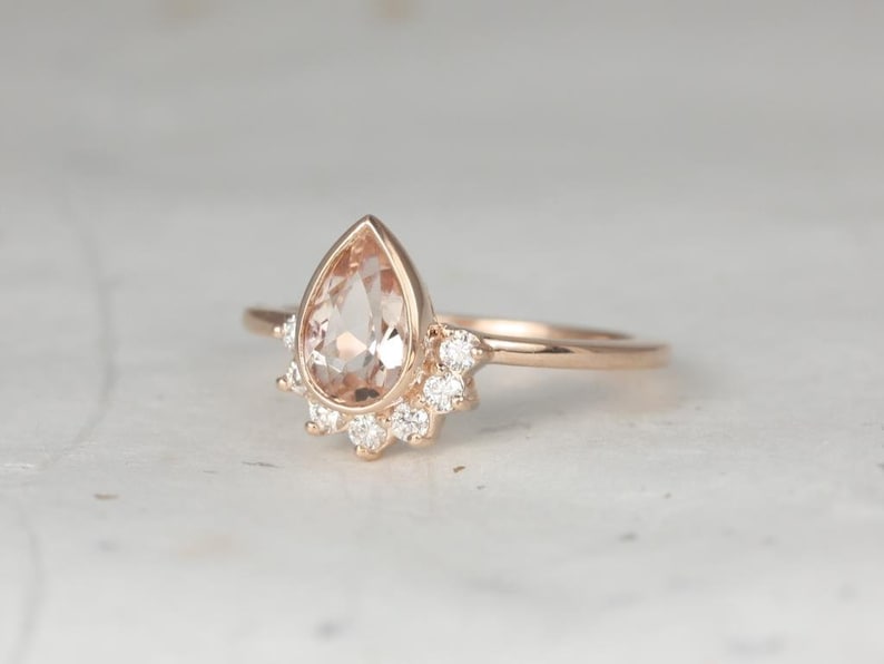 Oana 8x5mm 14kt Gold Morganite Diamonds Bezel Crescent Sunrays Half Pear Halo Unique Engagement Ring image 1