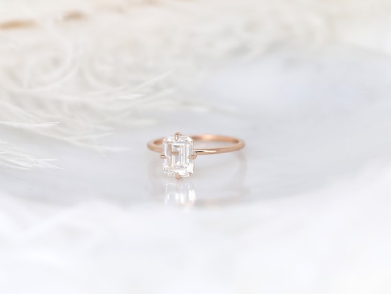 1.75cts Ruth 8x6mm 14kt Rose Gold Moissanite Talon Prong Emerald Cut Solitaire Ring,Minimalist Emerald Ring,Unique Emerald Engagement Ring