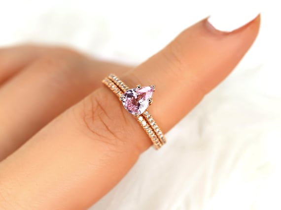 1.09ct Ann 14kt Blush Sapphire Diamond Pear Bridal Set,Unique Sapphire Ring,Pear Wedding Ring Set,Anniversary Ring,September Birthstone Ring