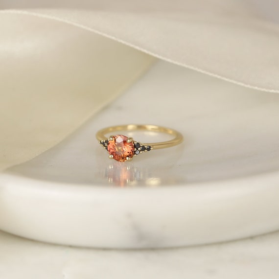 1.04ct Ready to Ship Malia 14kt Yellow Gold Flamed Tangerine Red Sapphire Black Diamonds Dainty Round 3 Stone Cluster Ring