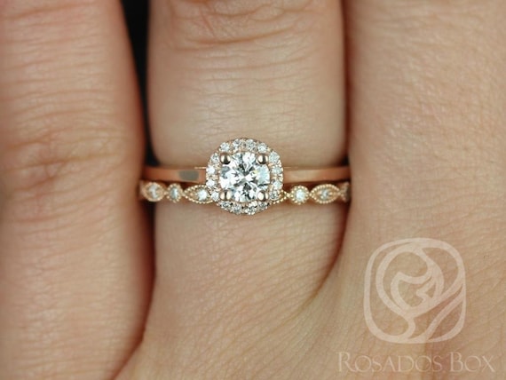 Amerie 1/3cts & Gwen 14kt Rose Gold Round Diamond Dainty Pave Round Halo Bridal Set
