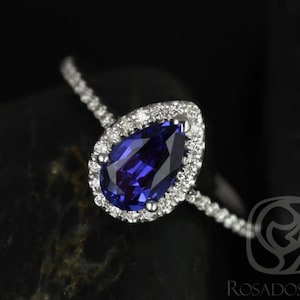 Tabitha 8x5mm 14kt White Gold Blue Sapphire Diamonds Dainty Pave Pear Halo Engagement Ring