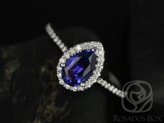 Tabitha 8x5mm 14kt White Gold Blue Sapphire Diamonds Dainty Pave Pear Halo Engagement Ring