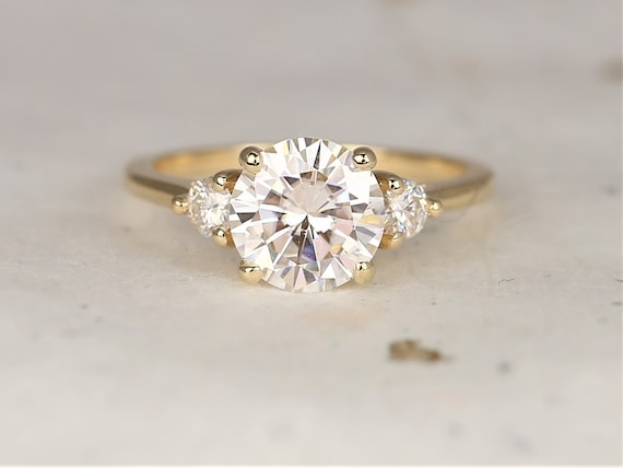 2ct Colette 8mm 14kt Solid Gold Moissanite Diamonds Dainty Cathedral Minimalist 3 Stone Round Engagement Ring