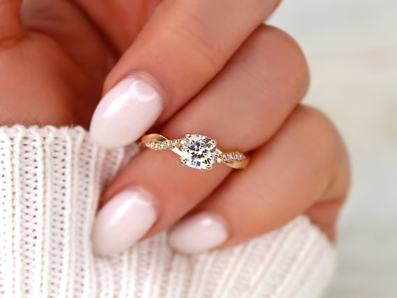 Ready to Ship Tressa 6mm 14kt YELLOW Gold Moissanite Diamond Petite Twisted Vine Cushion Ring,Cushion Engagement Ring,Cushion Crossover Ring