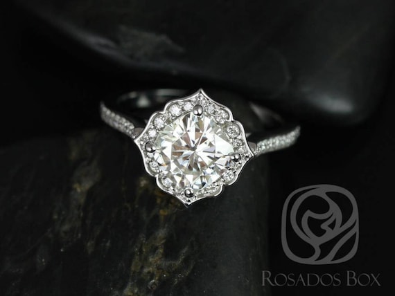 SALE Rosados Box Ready to Ship Rori 7mm 14kt White Gold FB Moissanite Diamond Cushion Kite Halo Ring,Unique Halo Engagement Ring