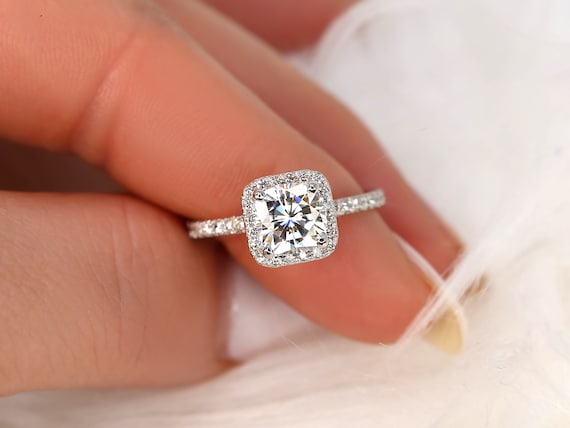 1.70ct Pernella 7mm 14kt Moissanite Diamond Pave Cushion Halo Ring,Cushion Engagement Ring,Cushion Cut Ring,Anniversary Ring,Moissanite Ring
