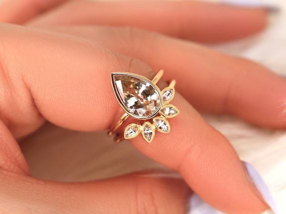 3.84ct Isla & Petunia 14kt Champagne Zircon Pear Bezel Bridal Set,Engagement Ring Set,Unique Wedding Rings,Anniversary Ring,Gift For Her