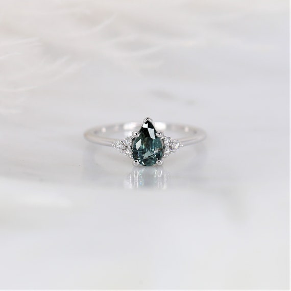 0.92ct Ready to Ship Juliet 14kt White Gold Ocean Teal Sapphire Diamond Dainty Minimalist 3 Stone Cluster Pear Engagement Ring