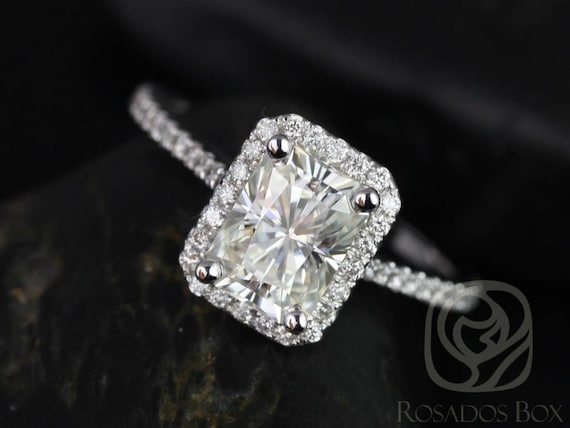 SALE Ready to Ship Brianna 8x6mm 14kt ROSE Gold Radiant FB Moissanite and Diamonds Halo Engagement Ring