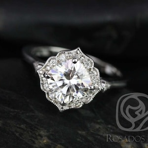 1.70ct Lily 7mm 14kt White Gold Moissanite Diamond WITH Milgrain Kit Set Engagement Ring,Art Deco Cushion Halo Ring,Unique Ring