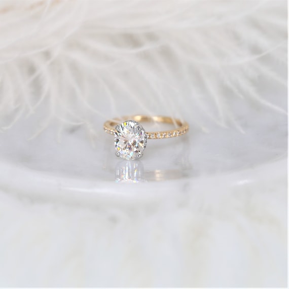 2ct TWO TONED Viviana 9x7mm 14kt Gold Moissanite Diamond Hidden Halo Oval Ring,Dainty Oval Solitaire Ring,Unique Oval Ring,Secret Halo Ring