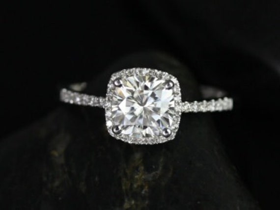 Ready to Ship Randi 14kt White Gold 7mm Round Forever One Moissanite Diamonds Thin Cushion Halo Engagement Ring