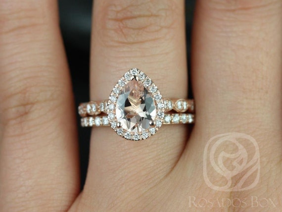 Sydney 9x7mm & Taylor 14kt Rose Gold Pear Morganite and Diamond WITH Milgrain Halo Bridal Set