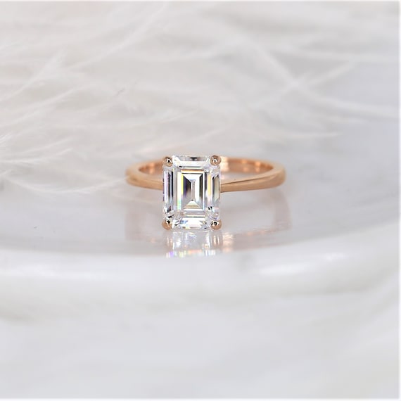 2.60ct Skinny Norma 9x7mm 14kt Rose Gold Forever One Moissanite Dainty Minimalist Emerald Engagement Ring,Emerald Solitaire Ring