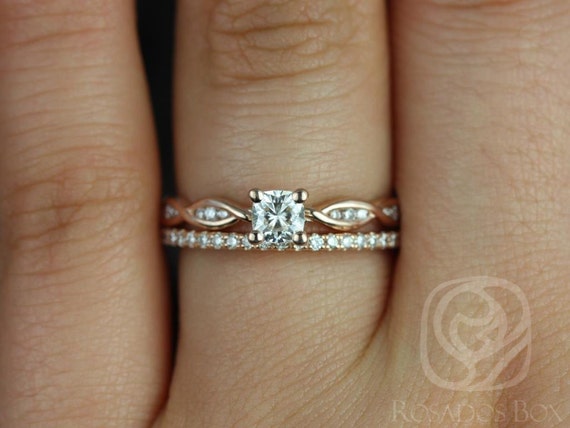 Ember 4mm & Romani 14kt Rose Gold Infinity DNA Twist Cushion Moissanite Diamonds Bridal Set