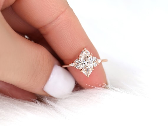 1.75ct Petite Meadow 12x6mm 14kt Rose Gold Moissanite Diamonds Dainty 3 Stone Engagement Ring,Marquise Cluster Ring,Unique Marquise Ring