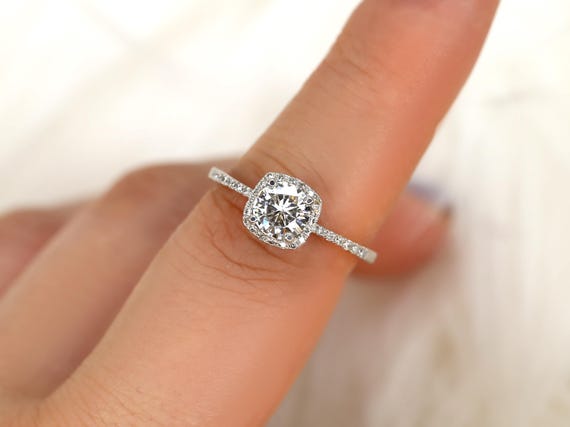 SALE 0.75ct Ready to Ship Barra 6mm 14kt YELLOW Gold FB Moissanite Diamond Cushion Halo Engagement Ring,Cushion Halo Ring,Anniversary Ring