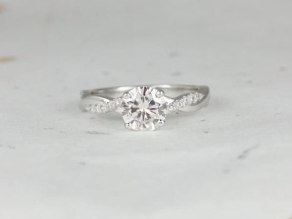 1.25ct Tyra 7mm 14kt White Gold Forever One Moissanite Diamond Unique Crossover Alternating PaveVine Twist Round Engagement Ring
