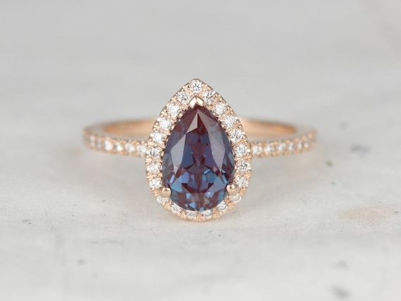 Toni 9x6mm 14kt Rose Gold Alexandrite Diamond Dainty Pear Halo Ring,Pear Engagement Ring,Pave Halo Ring,June Birthstone