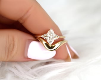 1ct Charlie 10x5mm & Merida 14kt Gold Moissanite Marquise Cluster Wedding Ring Set,Marquise Cluster Ring,Marquise Engagement Ring