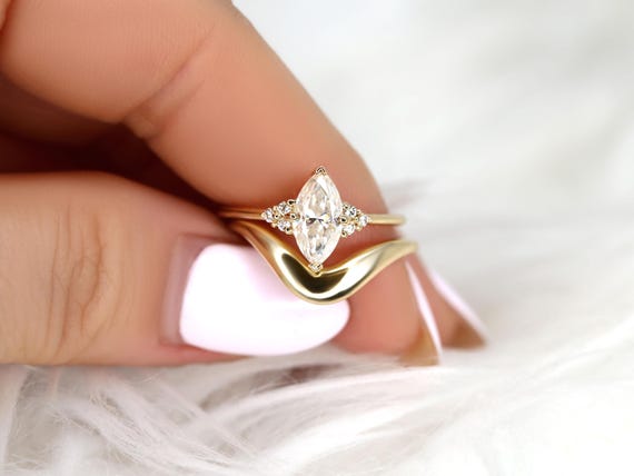 1ct Charlie 10x5mm & Merida 14kt Gold Moissanite Marquise Cluster Wedding Ring Set,Marquise Cluster Ring,Marquise Engagement Ring