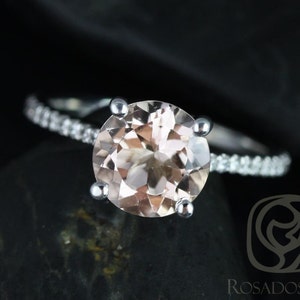 Eloise 8mm 14kt White Gold Morganite Diamonds Thin Cathedral Round Solitaire Accent Engagement Ring