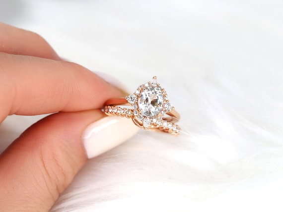 2.12ct Ready to Ship Maris 14kt Rose Gold Blush Champagne Sapphire Diamond Unique Oval Halo Bridal Set,Compass Halo Ring,Anniversary Gift