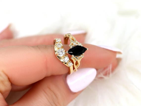 Oriella 10x5mm & Saldana 14kt Onyx Celtic Knot Bridal Set,Unique Triquetra Wedding Ring,Marquise Engagement Ring Set,Anniversary Ring