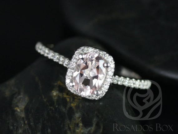 Rosados Box Ready to Ship Romani 7x5mm Platinum Oval Morganite and Diamonds Cushion Halo Engagement Ring