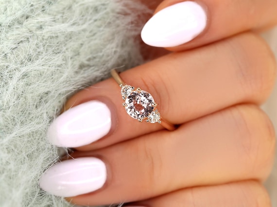 1.17ct Colette 14kt Rose Gold Peach Sapphire Diamond Three Stone Ring,Sapphire Trilogy Ring,Peach Sapphire Ring,Anniversary Ring,Birthstone