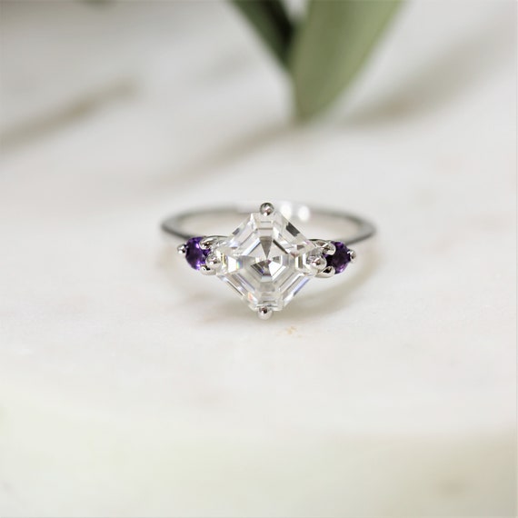 2.20cts Maxine 8mm 14kt White Gold Forever One Moissanite Amethyst Art Deco Round Dainty 3 Stone Asscher Engagement Ring