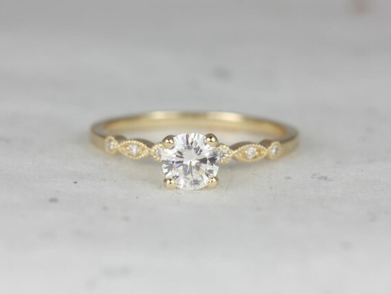 0.50ct Ready to Ship Gale 5mm 14kt Gold Moissanite Diamonds WITH Milgrain Art Deco Round Solitaire Engagement Ring