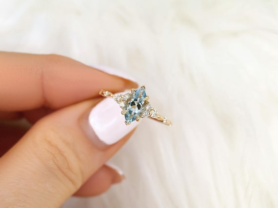 Astrid 10x5mm 14kt Aquamarine Diamond Marquise Cluster Ring,Unique Art Deco Ring,Marquise Engagement Ring,Aquamarine Ring,March Birthstone