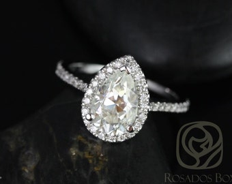 1.50cts Tabitha 9x6mm 14kt White Gold Moissanite Diamonds Dainty Micro Pave Pear Halo Engagement Ring