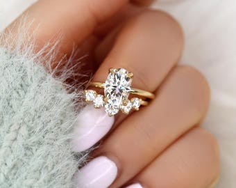 2.50ct Phoebe 10x7mm & Glen 14kt Moissanite Oval Solitaire Bridal Set,Unique Oval Engagement Ring Set,Oval Wedding Rings,Anniversary Gift