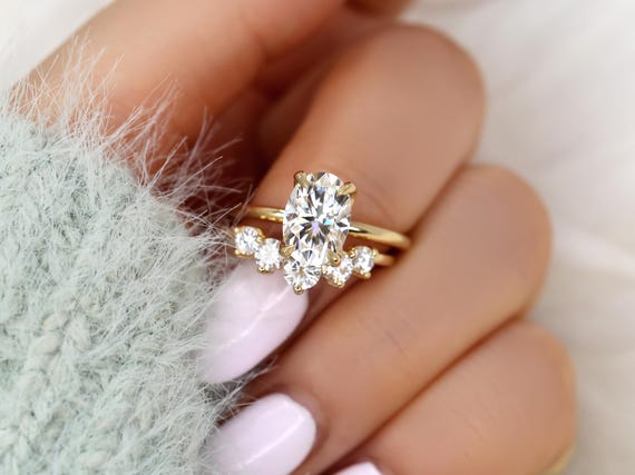 2.50ct Phoebe 10x7mm & Glen 14kt Moissanite Oval Solitaire Bridal Set,Unique Oval Engagement Ring Set,Oval Wedding Rings,Anniversary Gift