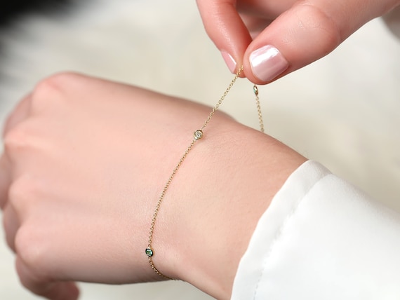 Claire 4.0 14kt Diamond Emerald Bracelet,Minimalist Bracelet,Birthstone Jewelry,May Birthstone,Anniversary Gift,Gift For Her,Dainty Bracelet