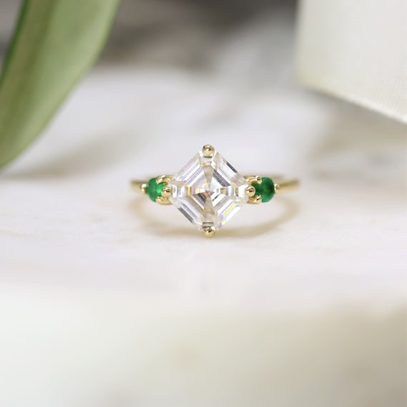 2.20cts Maxine 8mm 14kt Gold Forever One Moissanite Green Emerald Dainty 3 Stone Asscher Engagement Ring