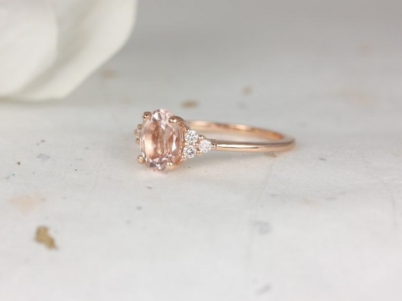 Juniper 8x6mm 14kt Rose Gold Morganite Diamond Three Stone Oval Engagement Ring,Dainty Morganite Cluster Ring,Anniversary Gift image 2